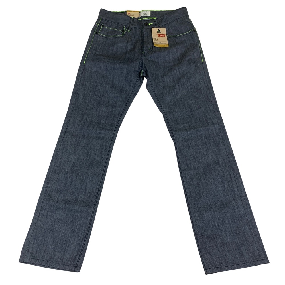Levis 511 Skinny Fit Coated Indigo Neon Green Stitch Jeans 16 Reg 28x28 NEW